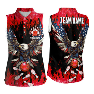 Red flame Bowling Sleeveless Polo Shirt Custom American flag Eagle Team bowling shirt, gift for bowler NQS9214