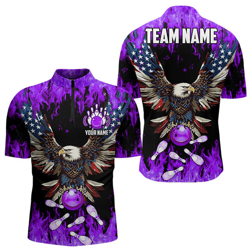 Purple flame Mens bowling shirts Custom American flag Eagle Team bowling shirts, gift for bowlers NQS9215