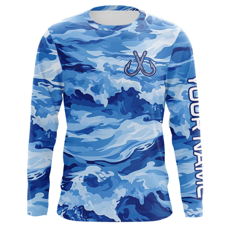 Blue Sea Wave Camo Fish hook custom name long sleeve fishing shirt, camo fishing jerseys NQS9220