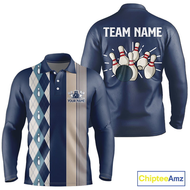 Retro Blue argyle pattern Bowling shirts For Men custom bowling team jerseys Mens Bowler Outfits NQS9411