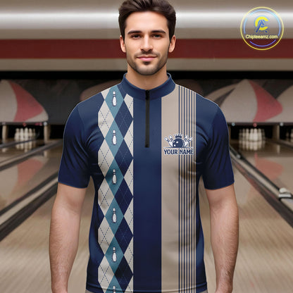 Retro Blue argyle pattern Bowling shirts For Men custom bowling team jerseys Mens Bowler Outfits NQS9411