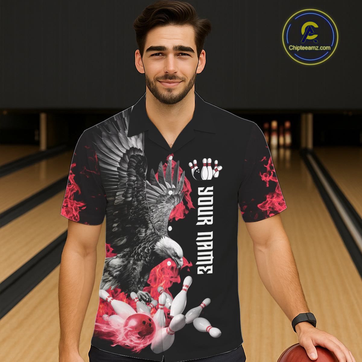 Custom Red Flame Black Eagle Bowling Hawaiian Shirt, Team Bowling Button up Clothes NQS11500
