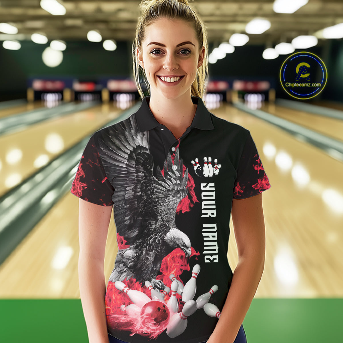 Custom Red Flame Black Eagle Bowling Polo, Quarter Zip Shirt For Women, Team Bowling Clothes NQS11500