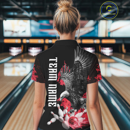 Custom Red Flame Black Eagle Bowling Polo, Quarter Zip Shirt For Women, Team Bowling Clothes NQS11500