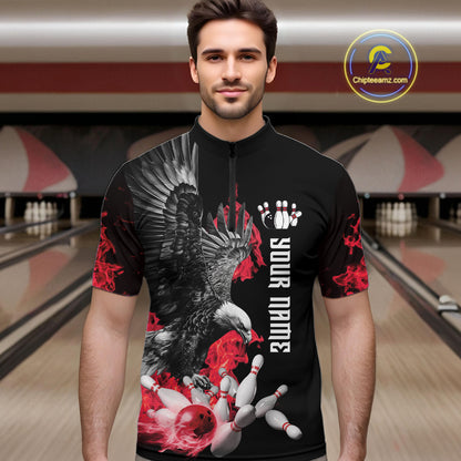 Custom Red Flame Black Eagle Bowling Polo, Quarter Zip Shirt For Men, Team Bowling Clothes NQS11500