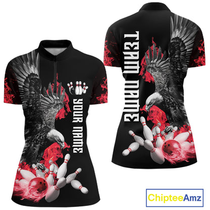 Custom Red Flame Black Eagle Bowling Polo, Quarter Zip Shirt For Women, Team Bowling Clothes NQS11500