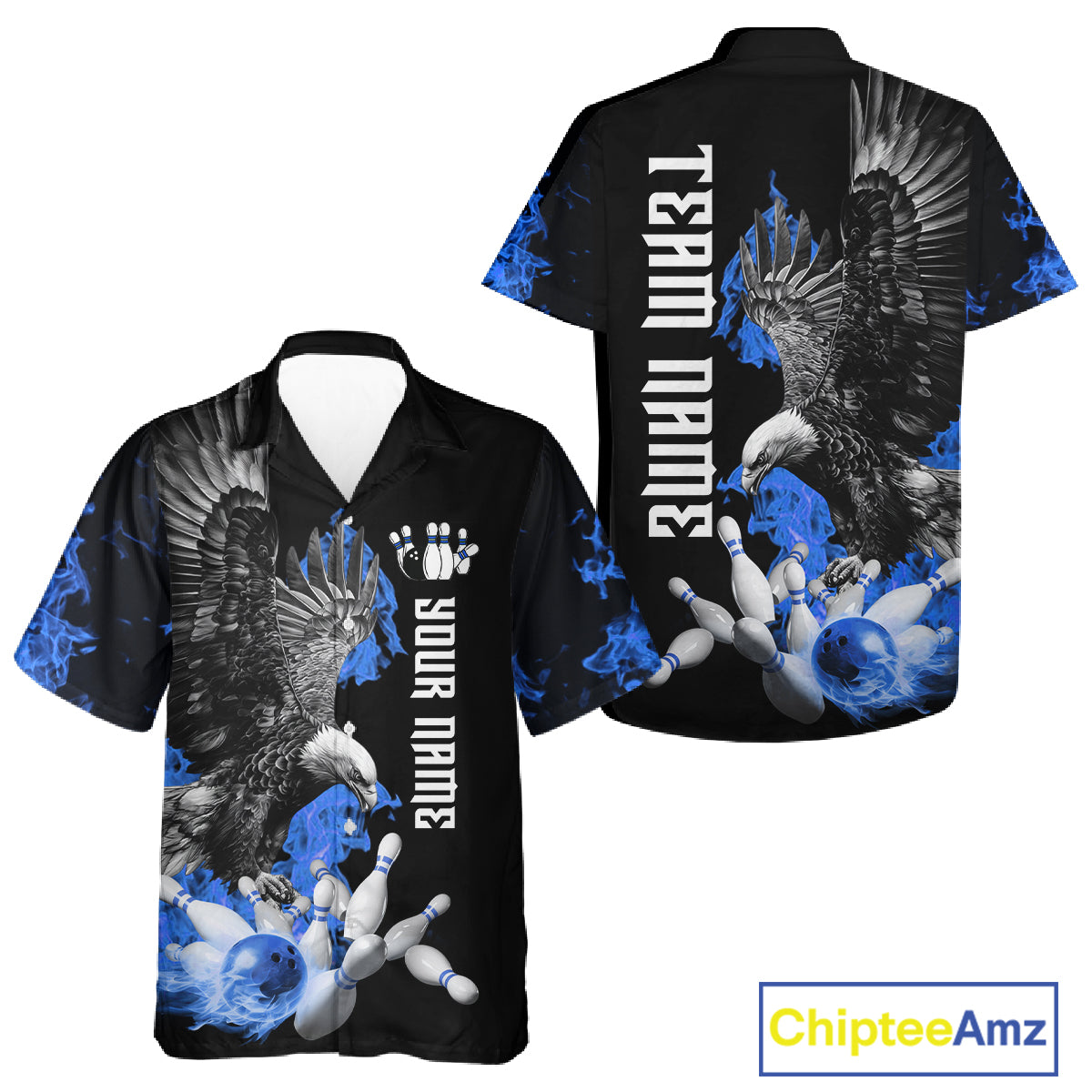 Custom Blue Flame Black Eagle Bowling Hawaiian Shirt, Team Bowling Button up Clothes NQS11501