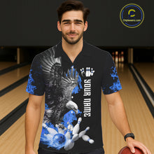 Load image into Gallery viewer, Custom Blue Flame Black Eagle Bowling Hawaiian Shirt, Team Bowling Button up Clothes NQS11501