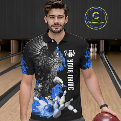 Custom Blue Flame Black Eagle Bowling Polo, Quarter Zip Shirt For Men, Team Bowling Clothes NQS11501