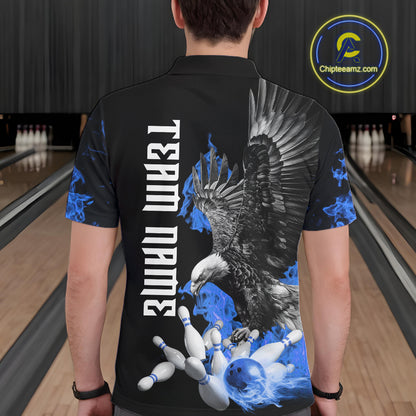 Custom Blue Flame Black Eagle Bowling Polo, Quarter Zip Shirt For Men, Team Bowling Clothes NQS11501