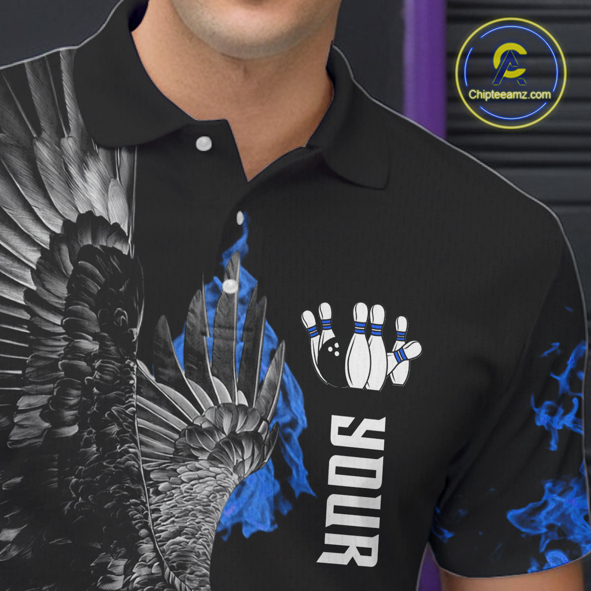 Custom Blue Flame Black Eagle Bowling Polo, Quarter Zip Shirt For Men, Team Bowling Clothes NQS11501