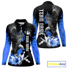 Load image into Gallery viewer, Custom Blue Flame Black Eagle Bowling Polo, Quarter Zip Shirt For Women, Team Bowling Clothes NQS11501