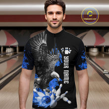 Load image into Gallery viewer, Custom Blue Flame Black Eagle Bowling Polo, Quarter Zip Shirt For Men, Team Bowling Clothes NQS11501