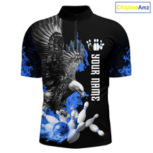 Load image into Gallery viewer, Custom Blue Flame Black Eagle Bowling Polo, Quarter Zip Shirt For Men, Team Bowling Clothes NQS11501