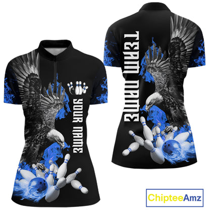 Custom Blue Flame Black Eagle Bowling Polo, Quarter Zip Shirt For Women, Team Bowling Clothes NQS11501