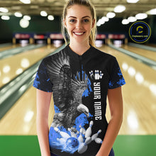 Load image into Gallery viewer, Custom Blue Flame Black Eagle Bowling Polo, Quarter Zip Shirt For Women, Team Bowling Clothes NQS11501