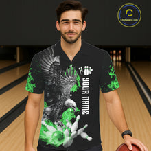 Load image into Gallery viewer, Custom Green Flame Black Eagle Bowling Hawaiian Shirt, Team Bowling Button up Clothes NQS11502