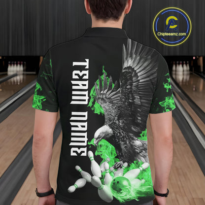 Custom Green Flame Black Eagle Bowling Polo, Quarter Zip Shirt For Men, Team Bowling Clothes NQS11502