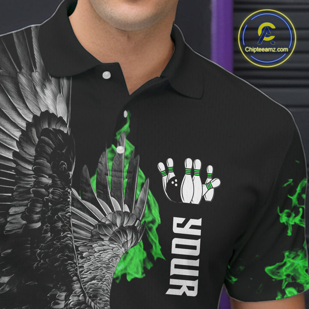 Custom Green Flame Black Eagle Bowling Polo, Quarter Zip Shirt For Men, Team Bowling Clothes NQS11502