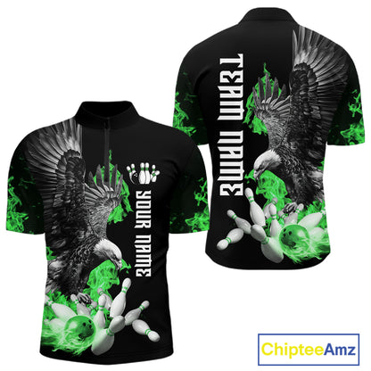 Custom Green Flame Black Eagle Bowling Polo, Quarter Zip Shirt For Men, Team Bowling Clothes NQS11502