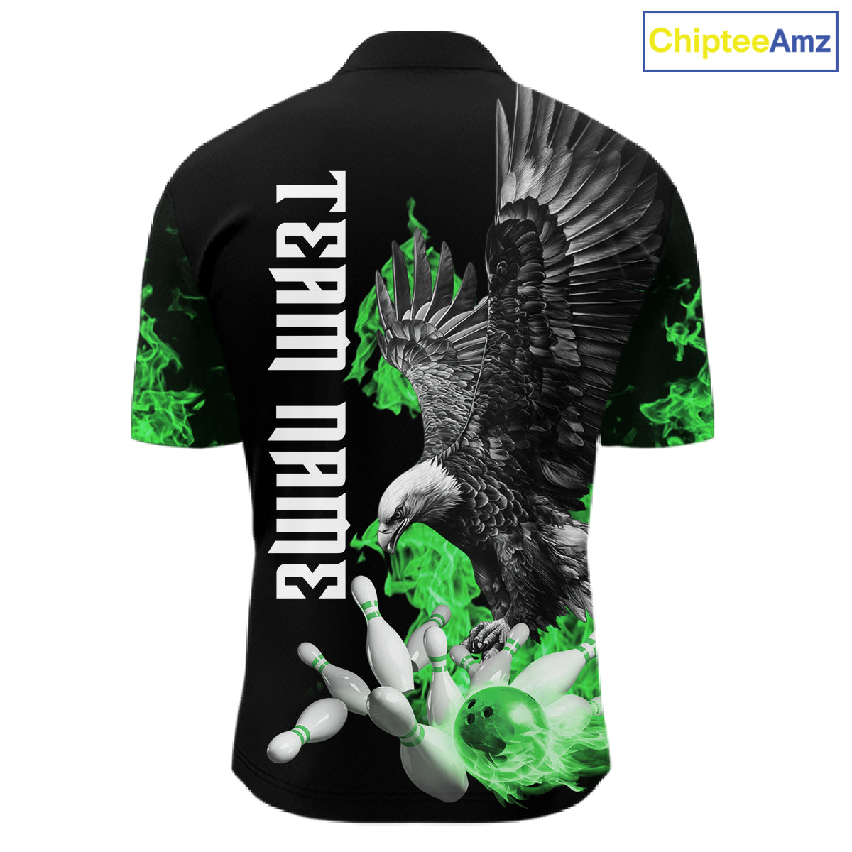 Custom Green Flame Black Eagle Bowling Polo, Quarter Zip Shirt For Men, Team Bowling Clothes NQS11502