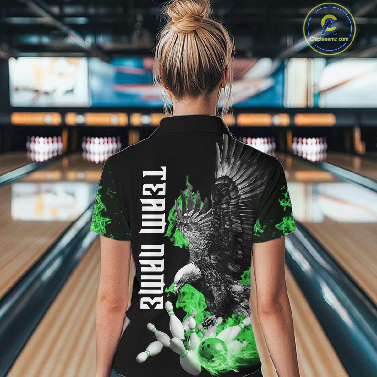 Custom Green Flame Black Eagle Bowling Polo, Quarter Zip Shirt For Women, Team Bowling Clothes NQS11502