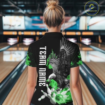 Custom Green Flame Black Eagle Bowling Polo, Quarter Zip Shirt For Women, Team Bowling Clothes NQS11502