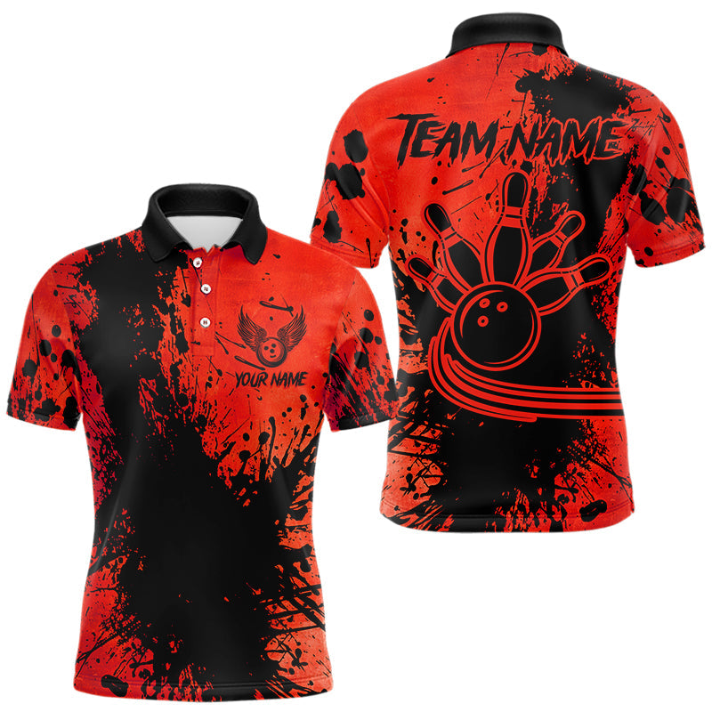 Black and Red Mens Bowling Polo, Quarter Zip Shirts Custom Bowling Team League Jerseys NQS9569