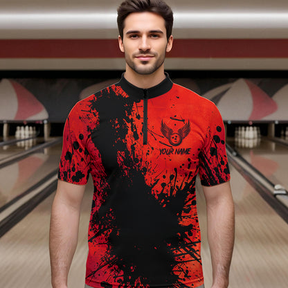 Black and Red Mens Bowling Polo, Quarter Zip Shirts Custom Bowling Team League Jerseys NQS9569