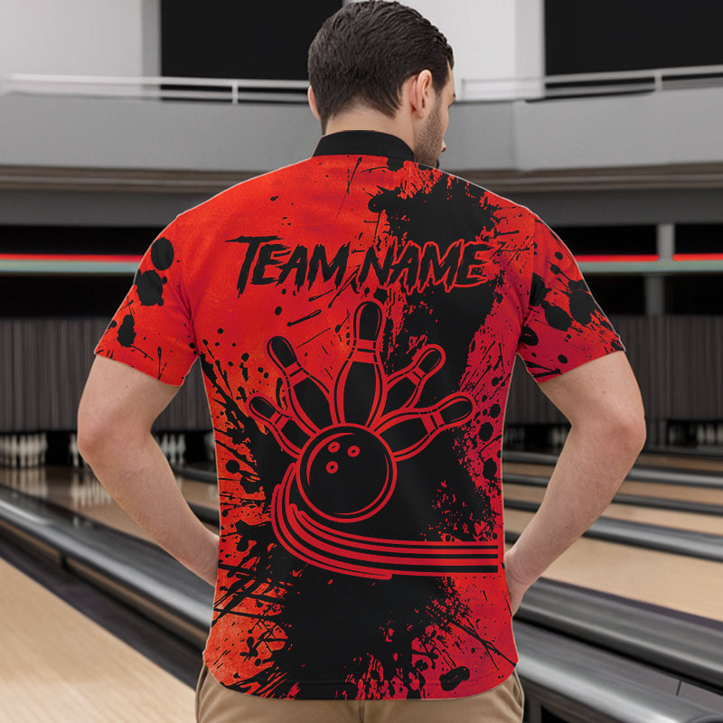 Black and Red Mens Bowling Polo, Quarter Zip Shirts Custom Bowling Team League Jerseys NQS9569