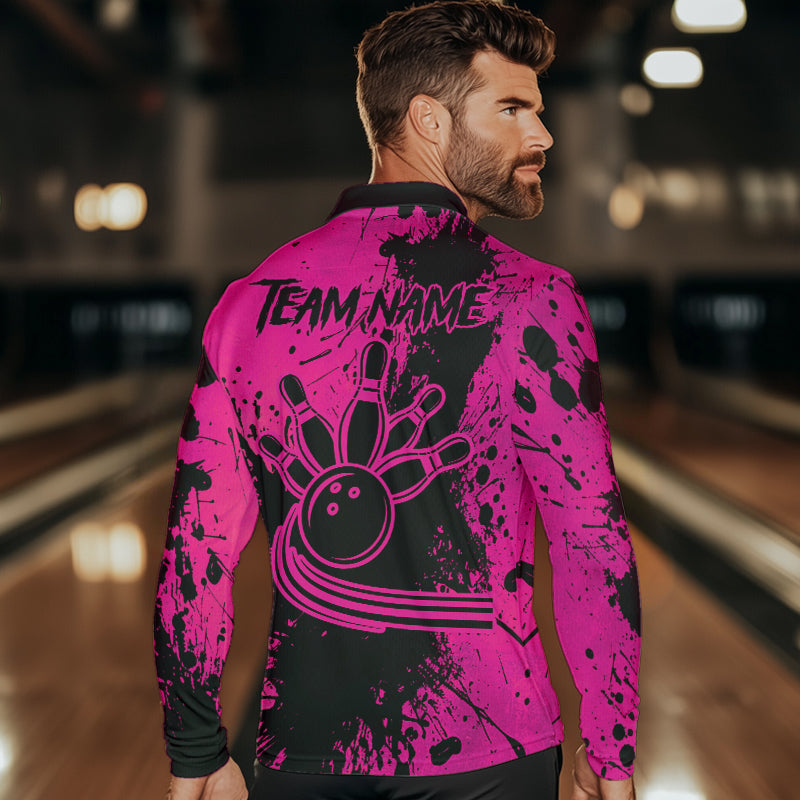 Black and Pink Mens Bowling Polo, Quarter Zip Shirts Custom Bowling Team League Jerseys NQS9570