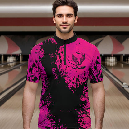 Black and Pink Mens Bowling Polo, Quarter Zip Shirts Custom Bowling Team League Jerseys NQS9570