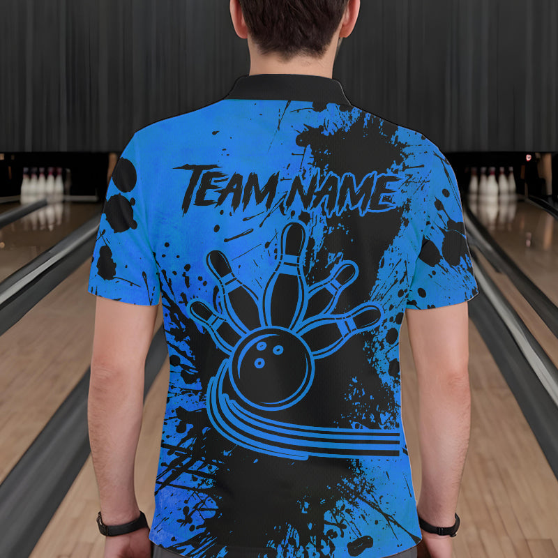 Black and Blue Mens Bowling Polo, Quarter Zip Shirts Custom Bowling Team League Jerseys NQS9571