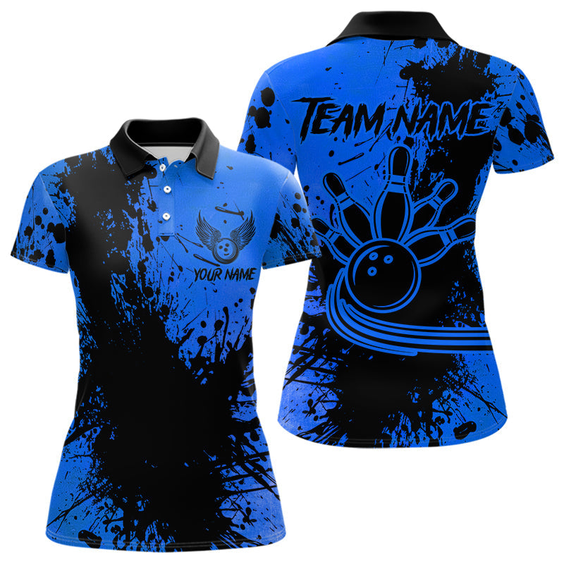 Black and Blue Womens Bowling Polo, Quarter Zip Shirts Custom Bowling Team League Jerseys NQS9571