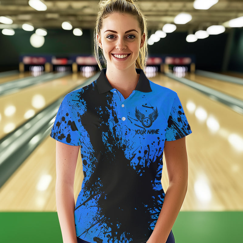 Black and Blue Womens Bowling Polo, Quarter Zip Shirts Custom Bowling Team League Jerseys NQS9571