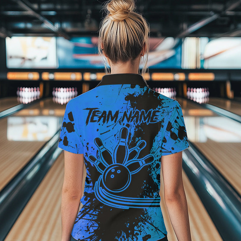 Black and Blue Womens Bowling Polo, Quarter Zip Shirts Custom Bowling Team League Jerseys NQS9571