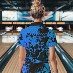 Black and Blue Womens Bowling Polo, Quarter Zip Shirts Custom Bowling Team League Jerseys NQS9571