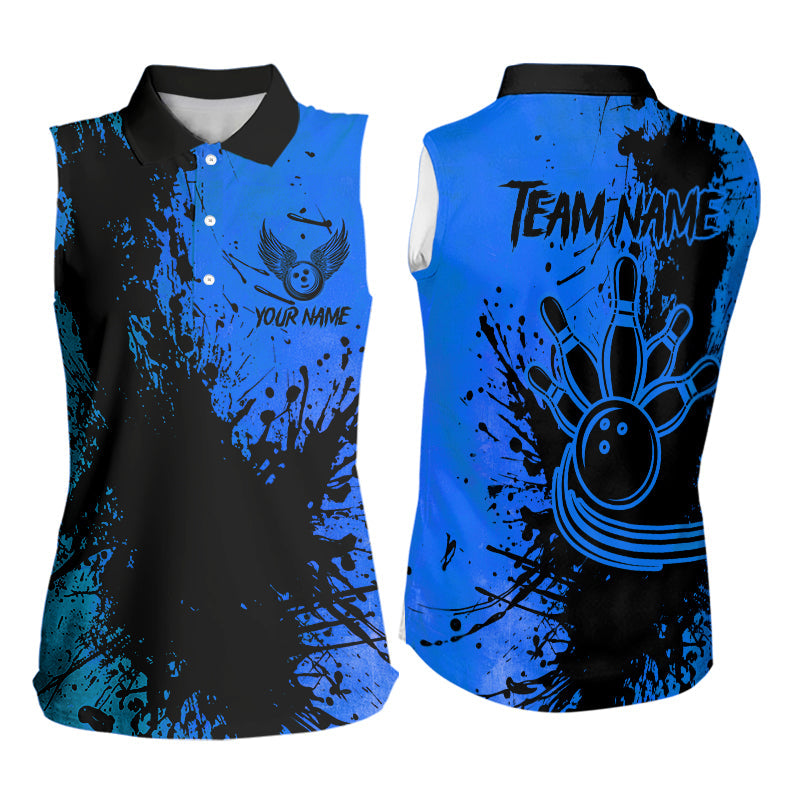 Black and Blue Women Sleeveless Polo Shirt Custom Bowling Team League Jerseys NQS9571