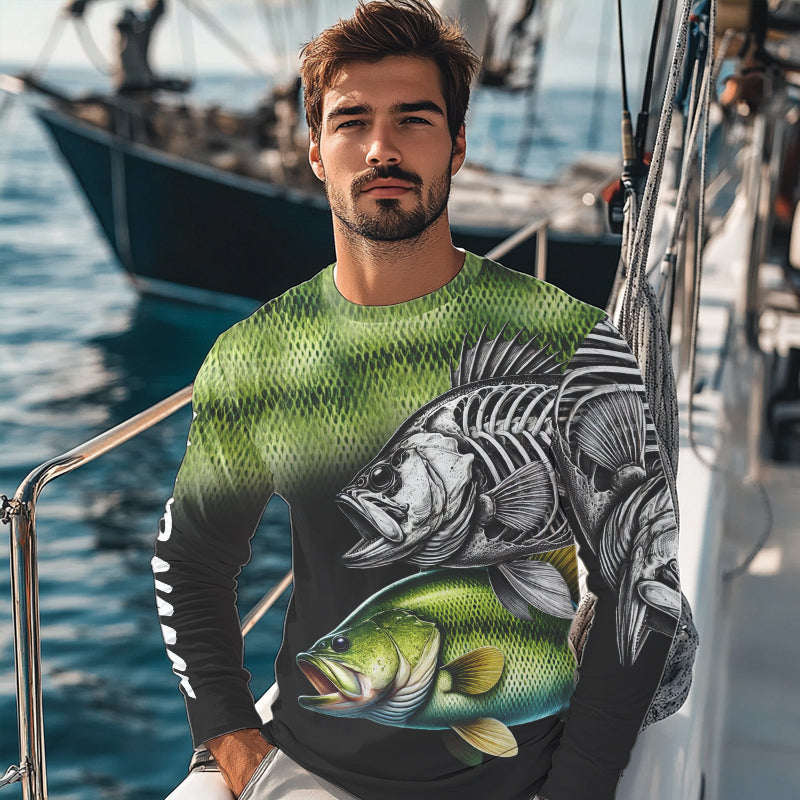 Bass Reaper Skeleton Green scales Custom Long Sleeve Fishing Shirts, Personalized Fishing Gifts NQS9572