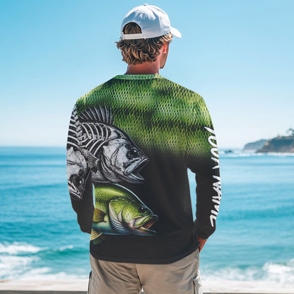 Bass Reaper Skeleton Green scales Custom Long Sleeve Fishing Shirts, Personalized Fishing Gifts NQS9572
