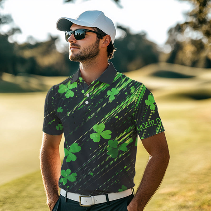 Personalized Black & Green Clover pattern Men golf polo shirts Custom St Patrick Day mens golf wear NQS9574