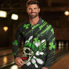 Load image into Gallery viewer, Black and Green Clover Skull Bowling Shirts For Men Custom St Patrick Day Bowling Team Jerseys NQS9575