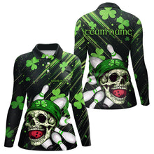 Load image into Gallery viewer, Black and Green Clover Skull Bowling Shirts For Women Custom St Patrick Day Bowling Team Jerseys NQS9575