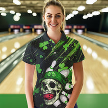 Load image into Gallery viewer, Black and Green Clover Skull Bowling Shirts For Women Custom St Patrick Day Bowling Team Jerseys NQS9575