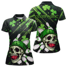 Load image into Gallery viewer, Black and Green Clover Skull Bowling Shirts For Women Custom St Patrick Day Bowling Team Jerseys NQS9575