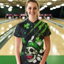 Load image into Gallery viewer, Black and Green Clover Skull Bowling Shirts For Women Custom St Patrick Day Bowling Team Jerseys NQS9575