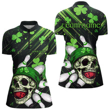 Load image into Gallery viewer, Black and Green Clover Skull Bowling Shirts For Women Custom St Patrick Day Bowling Team Jerseys NQS9575