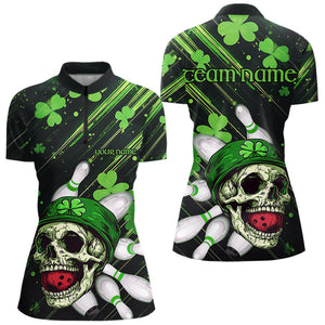 Black and Green Clover Skull Bowling Shirts For Women Custom St Patrick Day Bowling Team Jerseys NQS9575