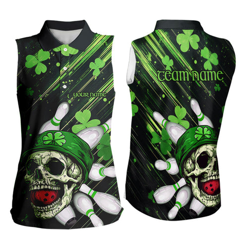 Black and Green Clover Skull Women Sleeveless Polo Shirt Custom St Patrick Day Bowling Team Jerseys NQS9575