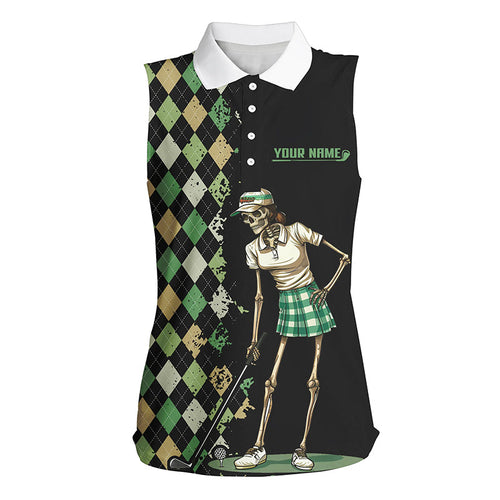 Black Womens sleeveless golf polo shirts green argyle pattern custom golf skull team ladies golf shirt NQS7661